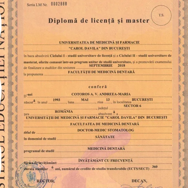 Diplomă licență Dr. Andreea