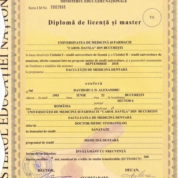 Diplomă de licență Dr. Davidoiu Alexandru