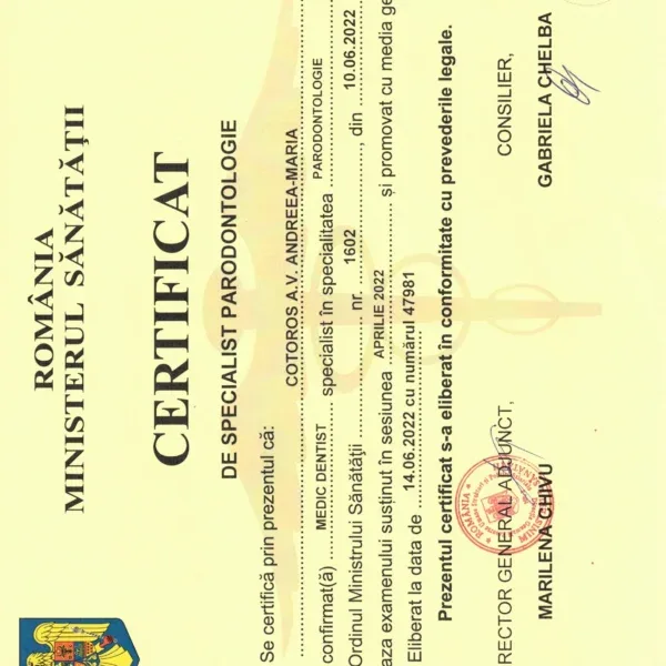 Diplomă de specialist parodontologie — Dr. Davidoiu Andreea-Maria